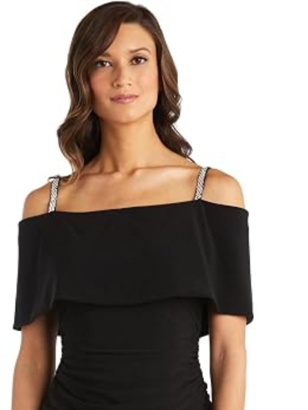 ✨ R&M Richards Black Rhinestone Strap Cold Shoulder Jumpsuit Size 8 NWT